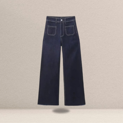 Jeans Largo Azul Escuro de Cintura Alta – Conforto e Elegância Atemporal