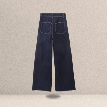 Jeans Largo Azul Escuro de Cintura Alta – Conforto e Elegância Atemporal